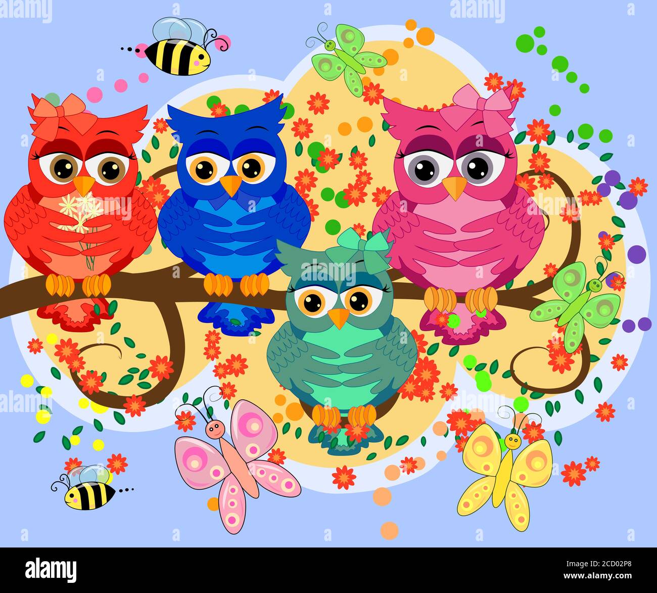 Three cute colorful cartoon owls sitting on tree branch with flowers ...