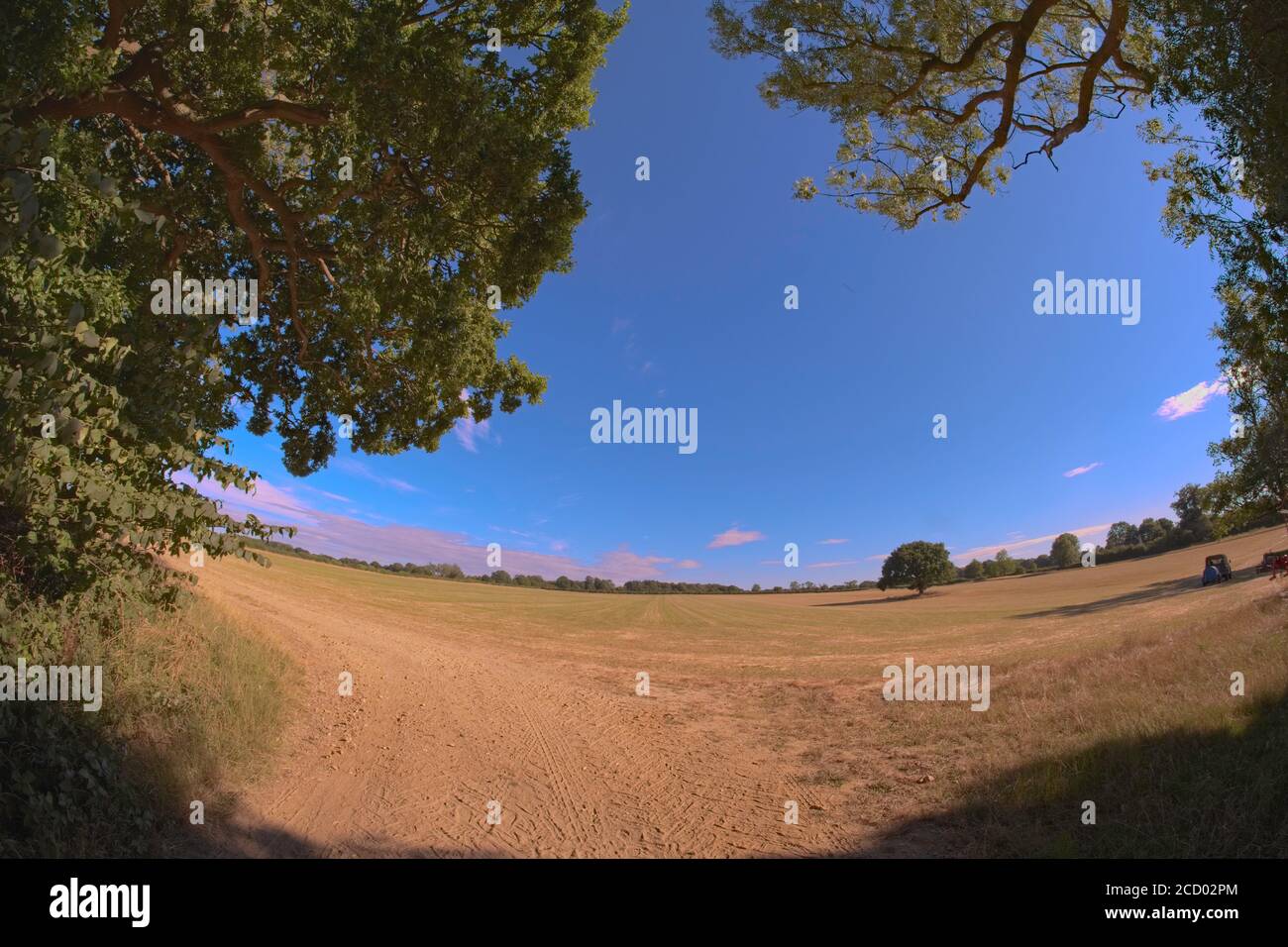 Fish Eye view of empty farm field in summer on the North Downs Surrey Stock Photo