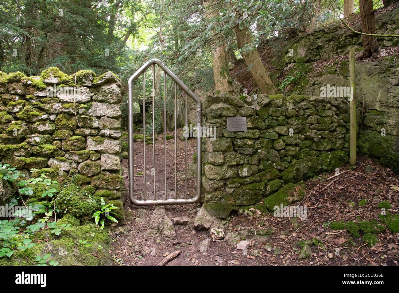 The carabiner gate on the path to Trowbarrow Quarry Nature Reserve, Silverdale, Carnforth, Lancashire, UK. Stock Photo