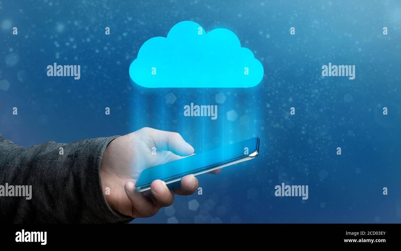 Conceptual Image Of Smartphone Synchronising Virtual Data From Cloud Storage Stock Photo