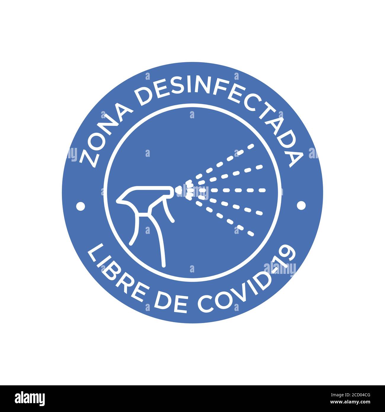 Covid-19 free zone icon written in Spanish. Round symbol for disinfected areas of Coronavirus. Stock Vector