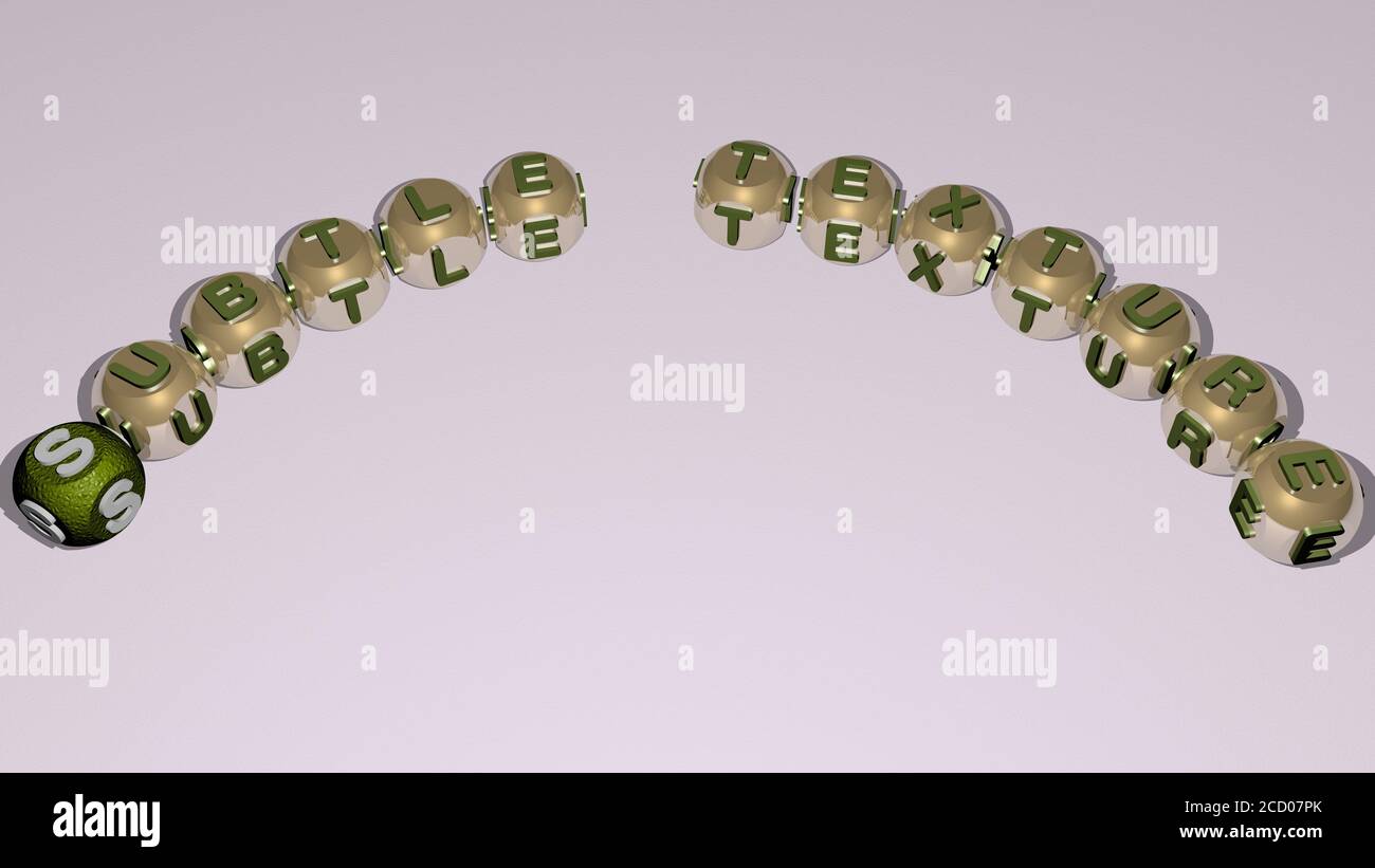 SUBTLE TEXTURE text of dice letters with curvature, 3D illustration Stock Photo