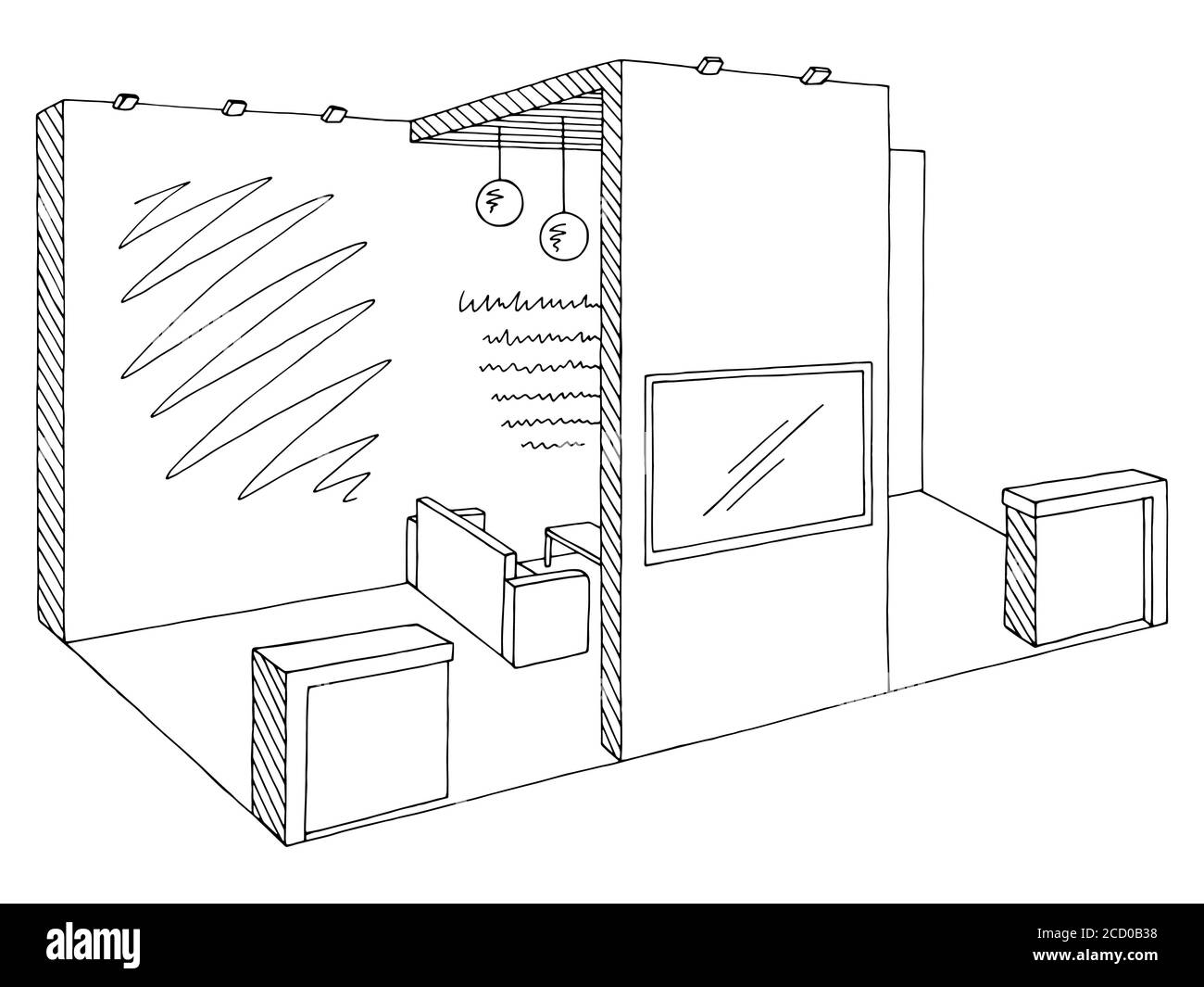 Exhibition stand graphic interior black white sketch illustration vector Stock Vector