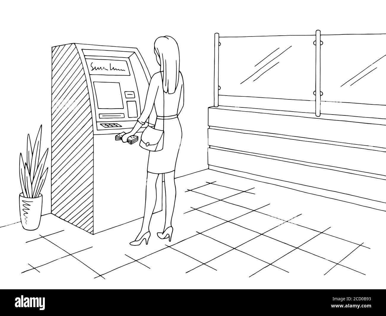 Bank interior graphic black white sketch illustration vector. Woman withdrawing cash from an ATM Stock Vector