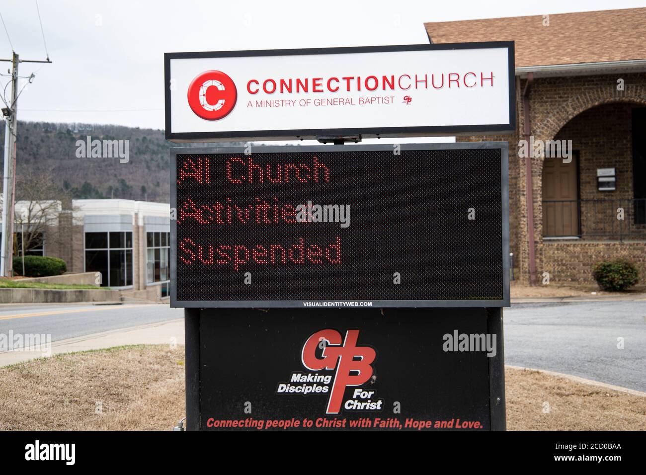 Heber Springs, AR.Businesses close, including a movie theater, bank, and church due to coronavirus pandemic. March 20, 2020. @ Veronica Bruno / Alamy Stock Photo