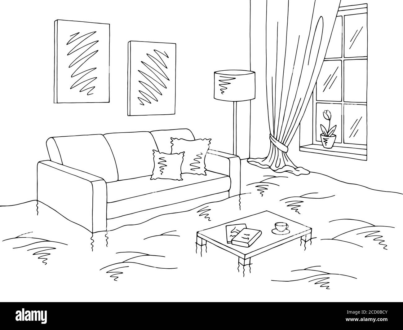 Flood living room graphic black white home interior sketch illustration vector Stock Vector