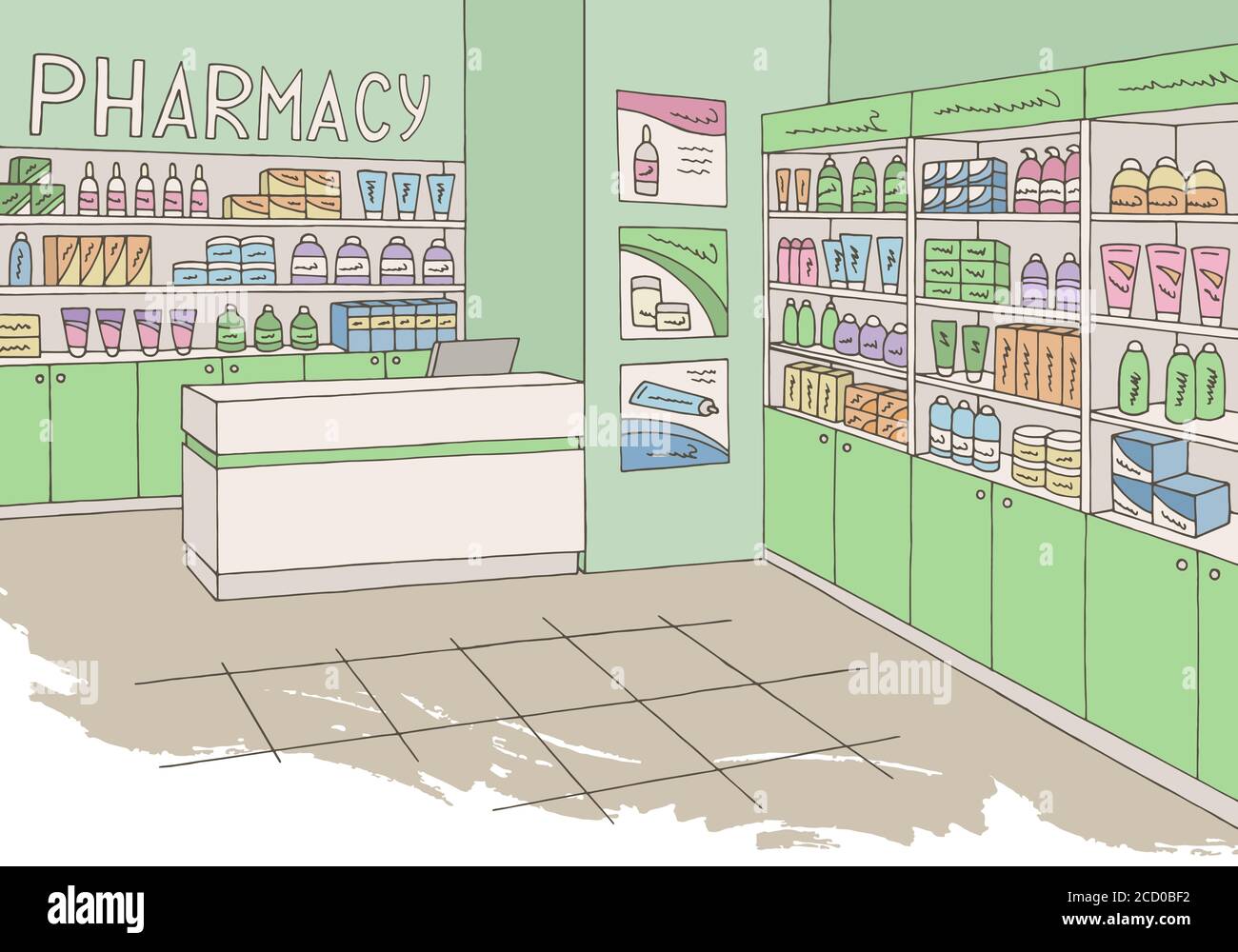 Pharmacy interior graphic store shop color sketch illustration vector