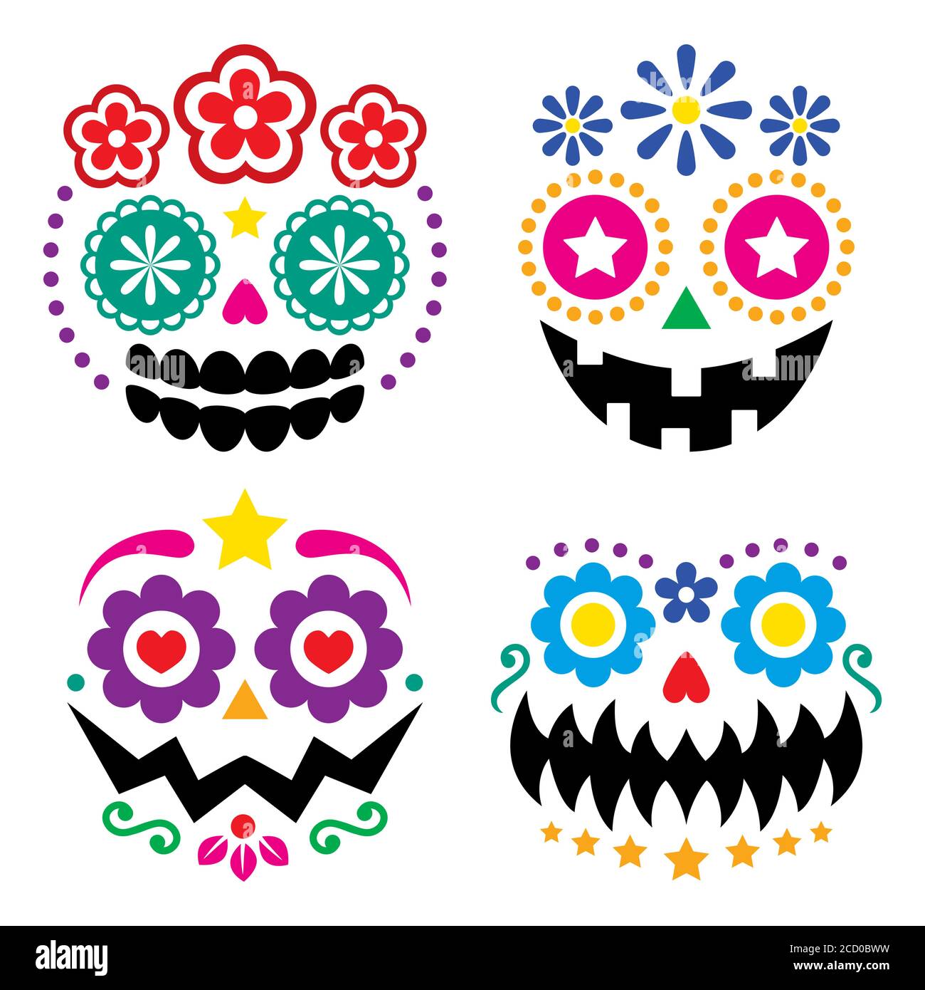 Halloween and Dia de los Muertos skulls and pumpkin faces vector color design - Mexican sugar skull style decoration Stock Vector