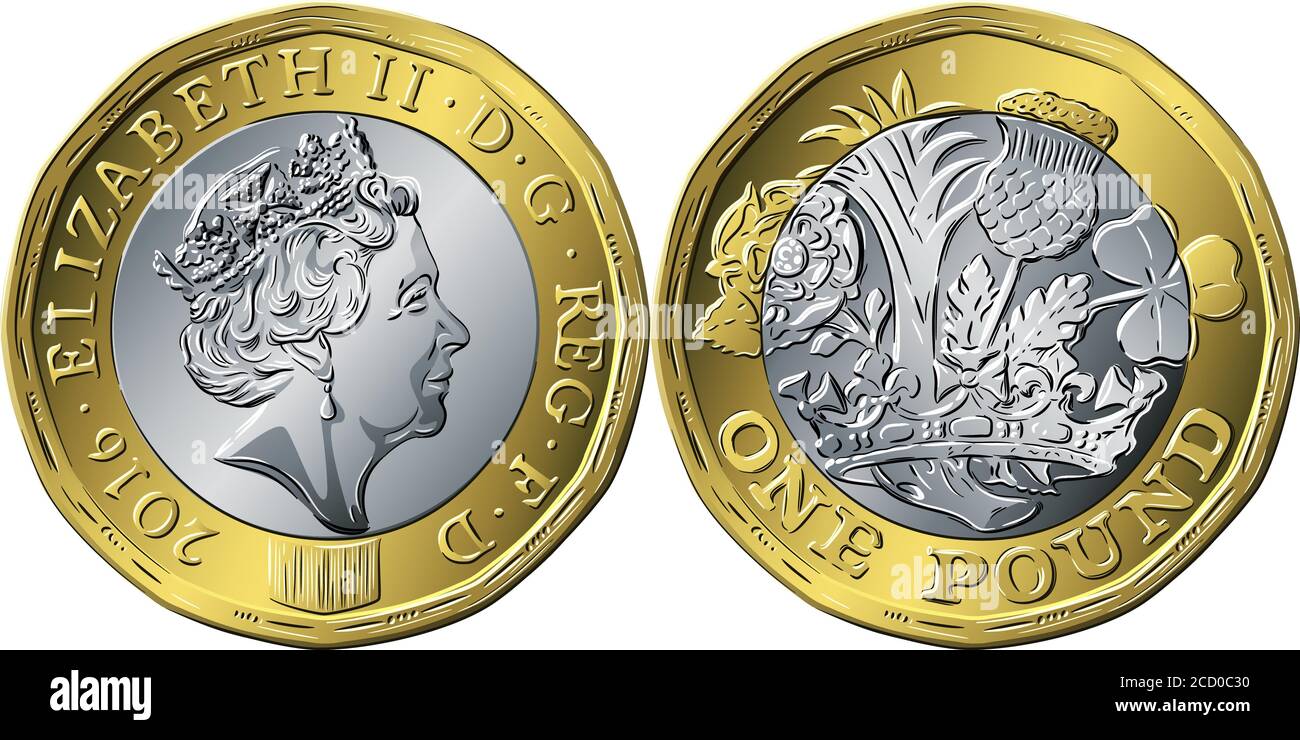 Vector British money coin one pound new 12-sided design Rose, leek, thistle and shamrock encircled by coronet - reverse, Queen Elizabeth II - obverse Stock Vector