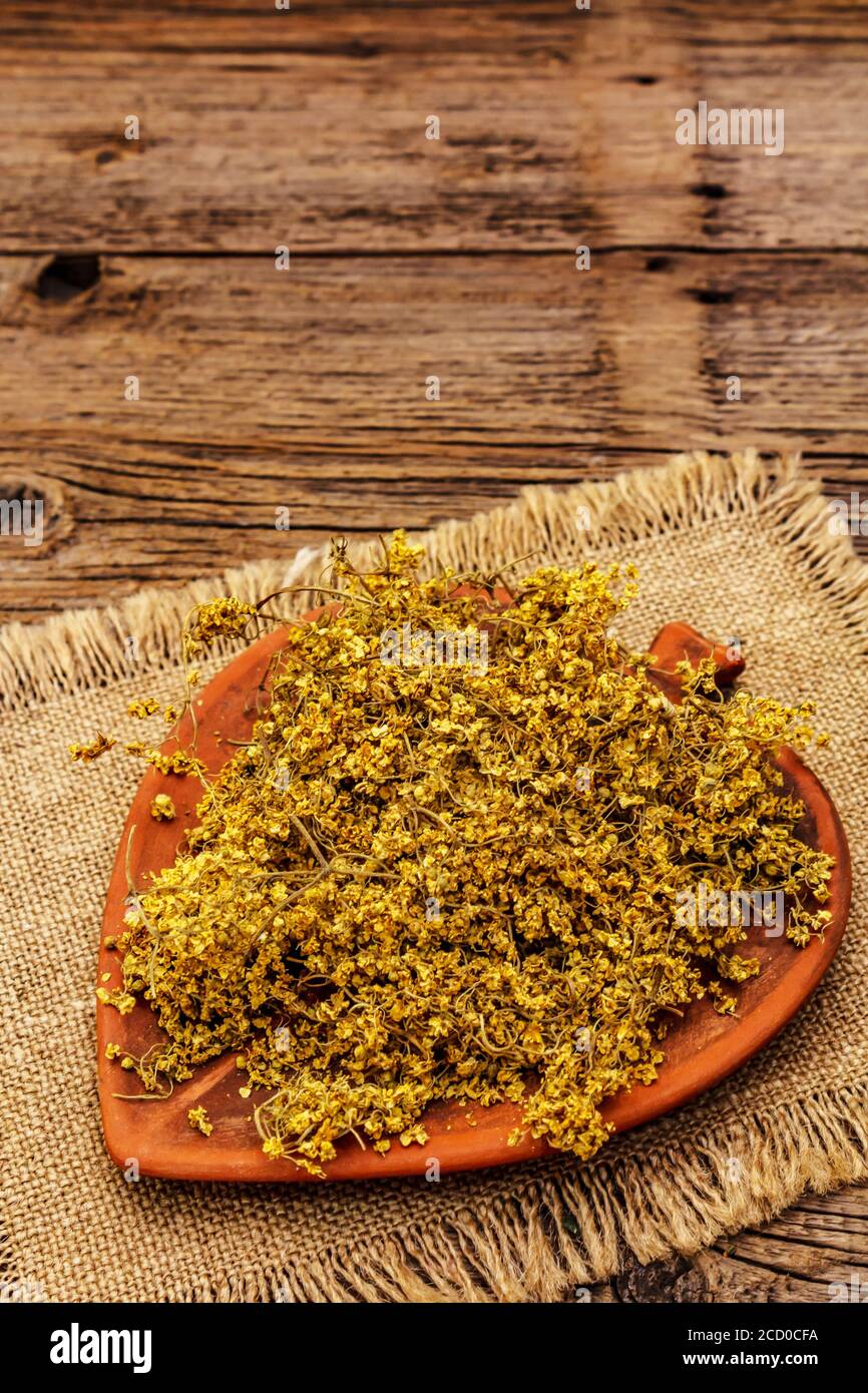 Dry leaves and flowers of elder. Herbal ingredient for cooking healthy