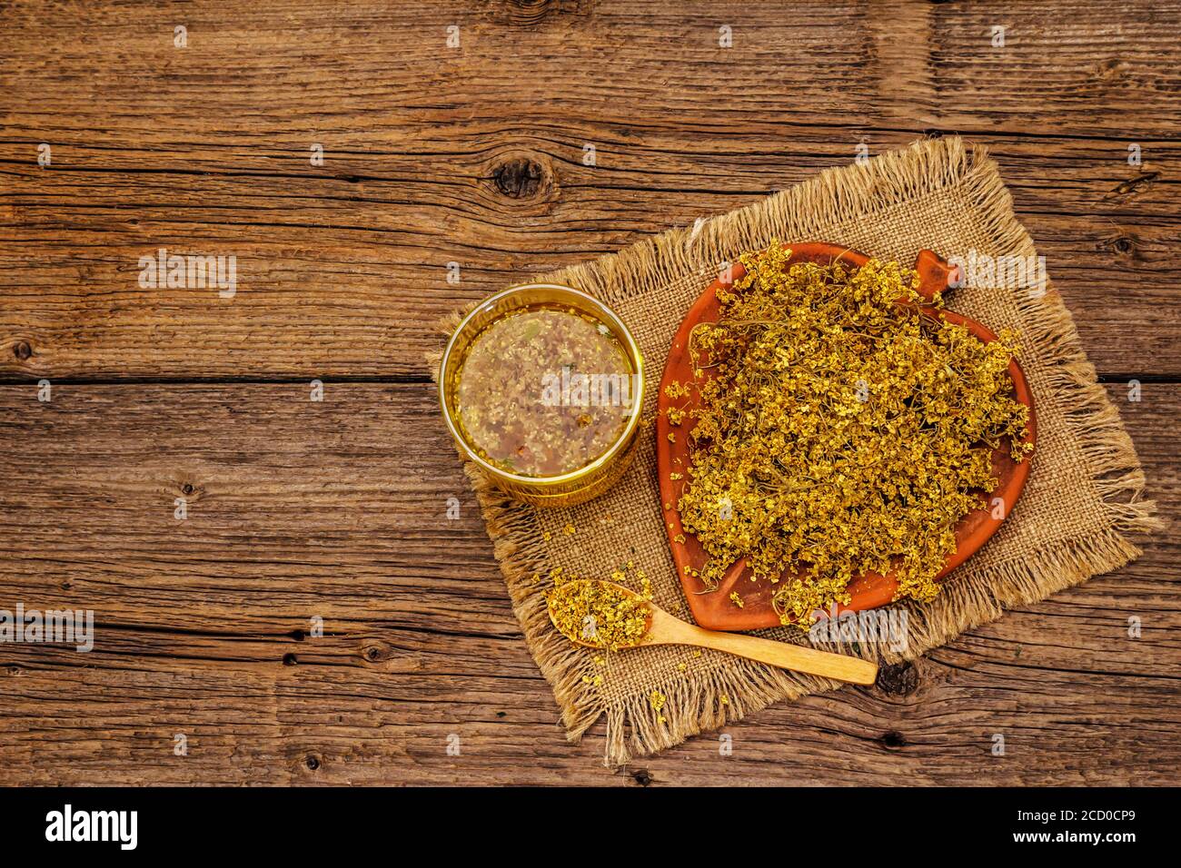 Dry leaves and flowers of elder. Herbal ingredient for cooking healthy