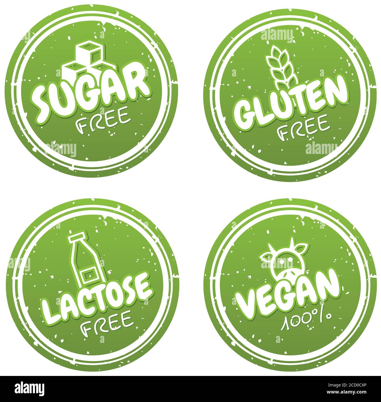 Vegan badges. Gluten, lactose, sugar free logo design templates. Healthy and natural. Stock Vector