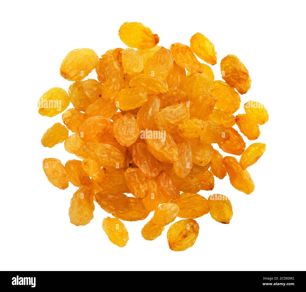 Top view of golden raisins isolated on white background Stock Photo