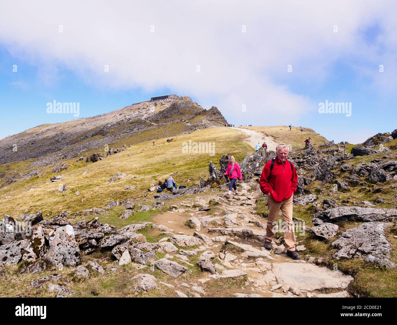 Walkers walking on the Rhyd Ddu path from Mt Snowdon summit and cafe in Snowdonia National Park. Gwynedd, North Wales, UK, Great Britain Stock Photo