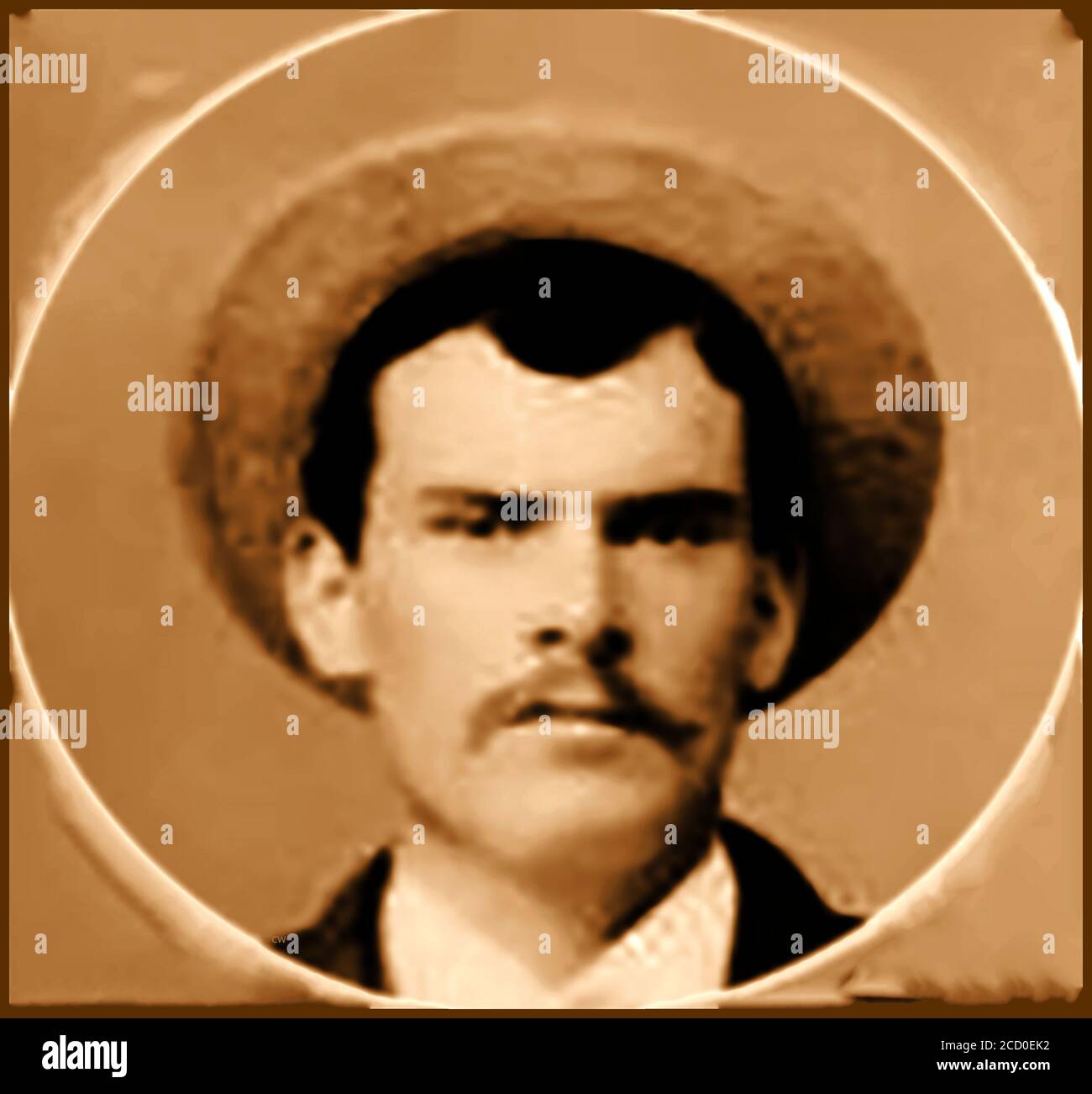 A portrait of  outlaw Harry Alonzo Longabaugh (1867 – 1908 ), ranch hand,  better known as the outlaw and train robber The Sundance Kid . He achieved his nickname after stealing a horse from a ranch in  Sundance, Wyoming.He was part of a gang known as the wild bunch with Robert Leroy Parker (aka Butch Cassidy.) Though called a gunfighter, he could use a gun but  no records of him using guns  as a criminal have been found prior to the shootout in Bolivia. Other aliases used by him were ; Frank Smith H. A. Brown,Harry A. Place (his mother's maiden surname) , Harry Long & Enrique Place Stock Photo