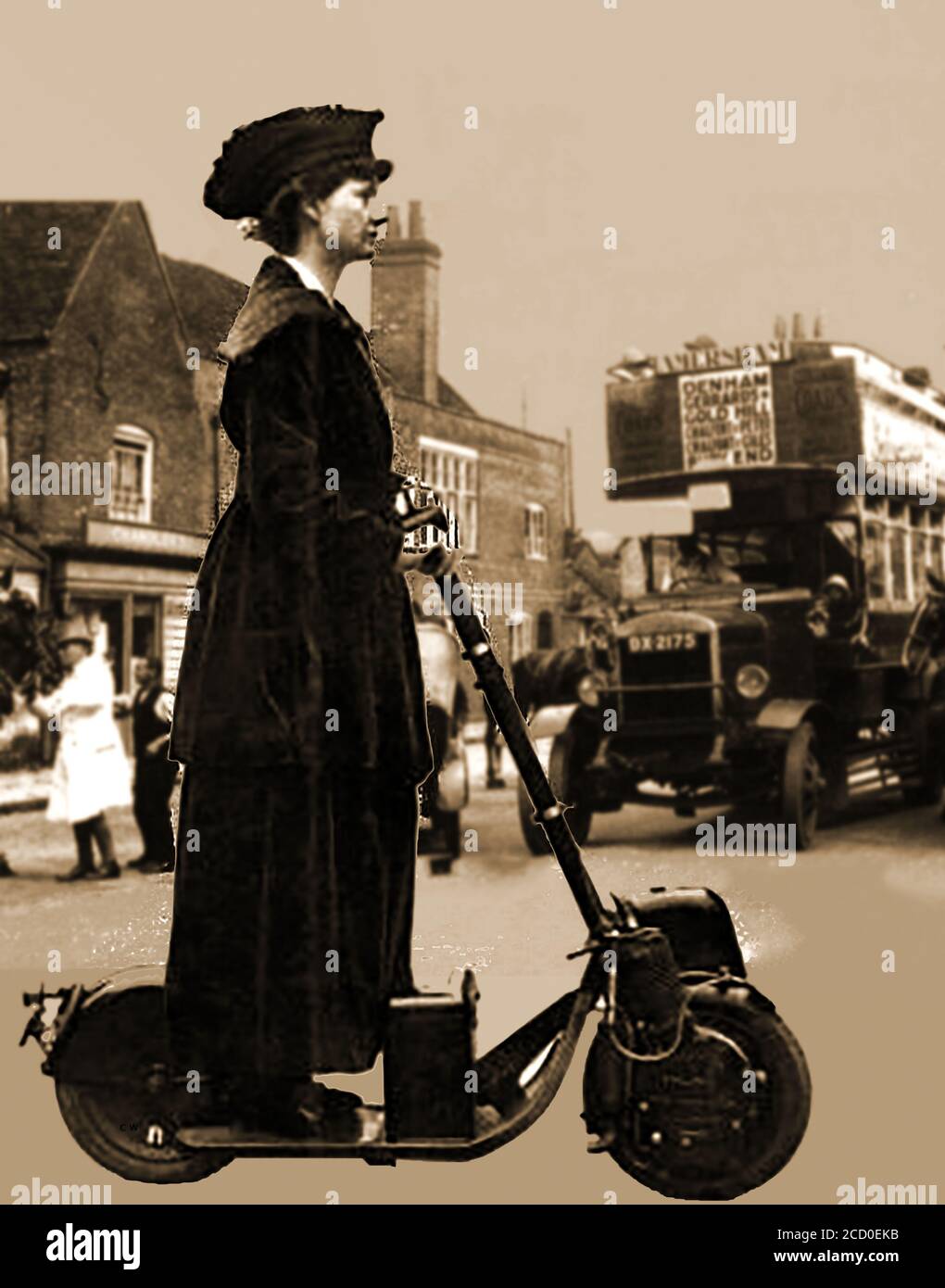 A (composite) photograph of  suffragette Lady Florence Norman suffragette riding an Autoped widely recognised as the very first motor scooter. It was made by the Autoped Company of Long Island City, New York , USA, between 1915 to 1922. It was also known as a Krupp-Roller and was was manufactured by Krupp in Germany from 1919 to 1922. Florence Priscilla, Lady Norman, CBE JP (nee McLaren -  1883 - 1964) . In WWI she ran a voluntary hospital in Wimereux, France and was awarded the Mons Star. During the Second World War she was a driver for the Women's Voluntary Service in London. Stock Photo