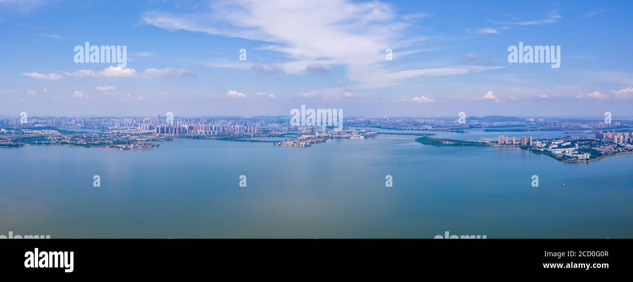 City Top View of Skyscrapers Building  of Shunde city China by drone - Aerial view cityscape flying above City of residential area.Shunde District, Fo Stock Photo