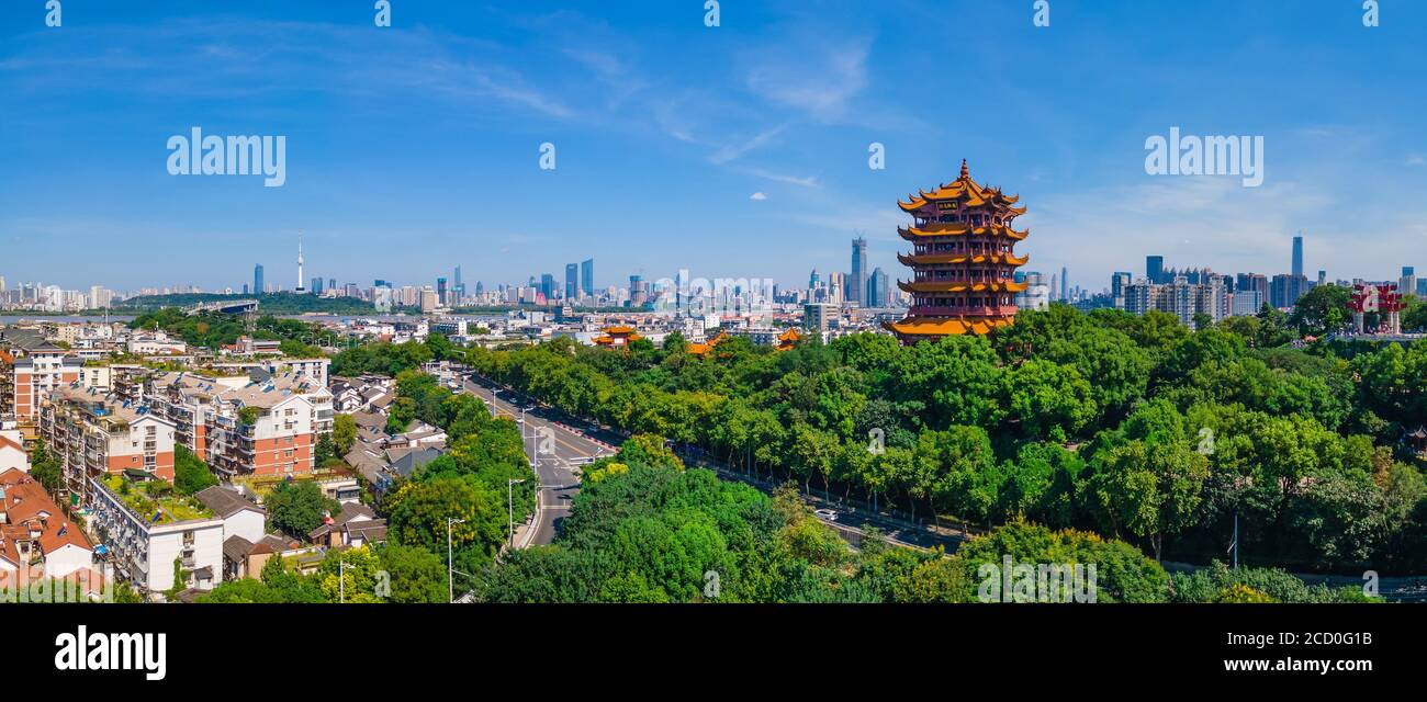 Aerial view of Wuhan skyline and Yangtze river with supertall skyscraper under construction in Wuhan Hubei China. Stock Photo