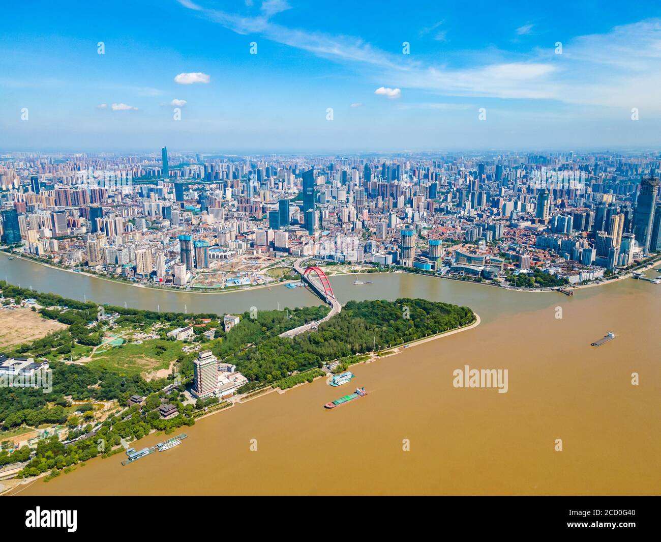 Aerial view of Wuhan skyline and Yangtze river with supertall skyscraper under construction in Wuhan Hubei China. Stock Photo