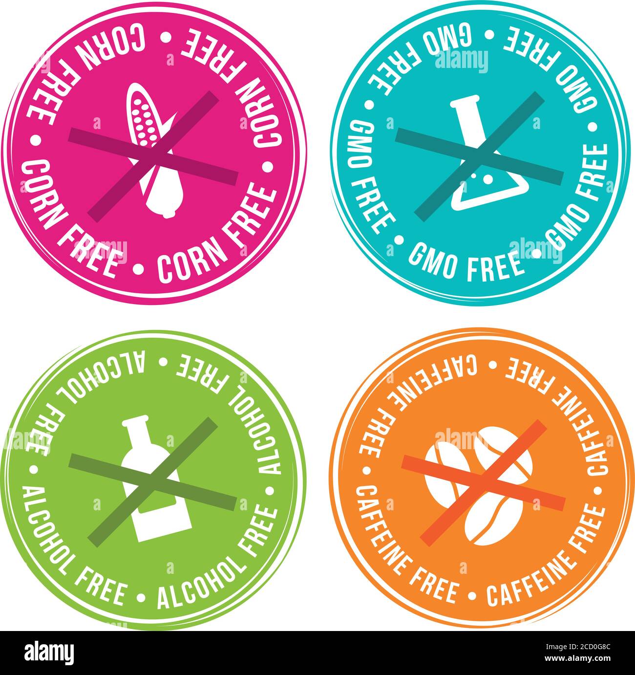 xICorn free, GMO free, Alcohol free and Caffeine free Badges. Eps10 Vector. Stock Vector