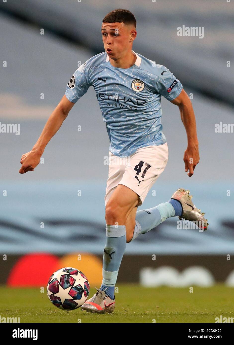 Manchester City's Phil Foden during the UEFA Champions League, round of 16, second leg match at the Etihad Stadium, Manchester. Friday August 7, 2020. See PA story SOCCER Man City. Photo credit should read: Nick Potts/PA Wire. Stock Photo