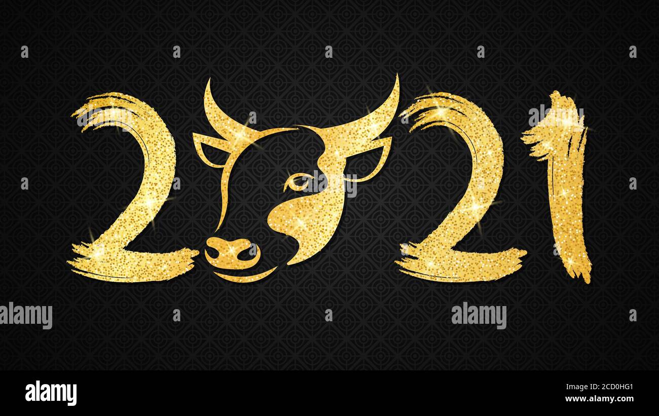 Happy Chinese new year 2021. Golden glittering bull zodiac sign with number in grunge style on a black background with pattern. Vector illustration. E Stock Vector
