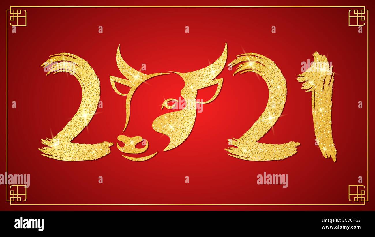 Happy Chinese New Year 2021. Golden glittering bull zodiac sign with number in grunge style on a red background. Vector illustration. EPS 10. Stock Vector
