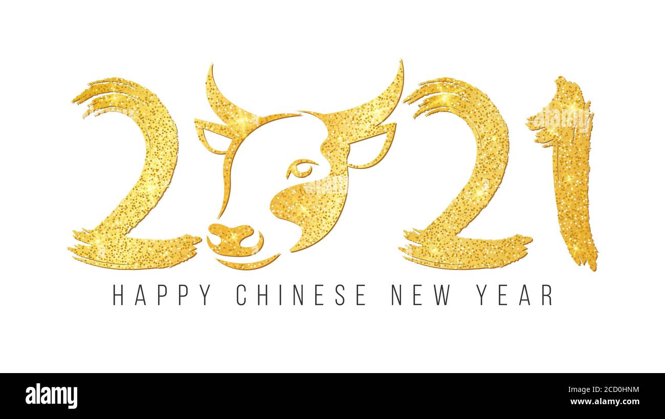Happy Chinese new year 2021. Golden glittering bull zodiac sign with number in grunge style isolated on a white background. Vector illustration. EPS 1 Stock Vector