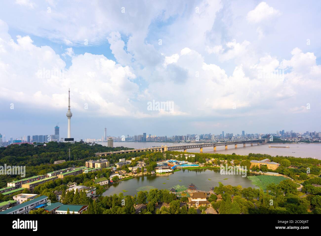 Wuhan skyline and Yangtze river with supertall skyscraper under construction in Wuhan Hubei China. Stock Photo
