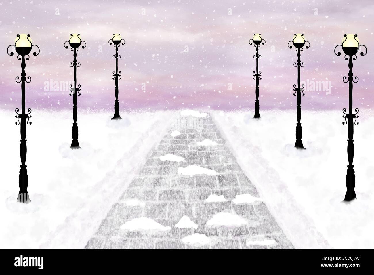 Beautiful snowy alley with street lights. Digital artwork. Stock Photo