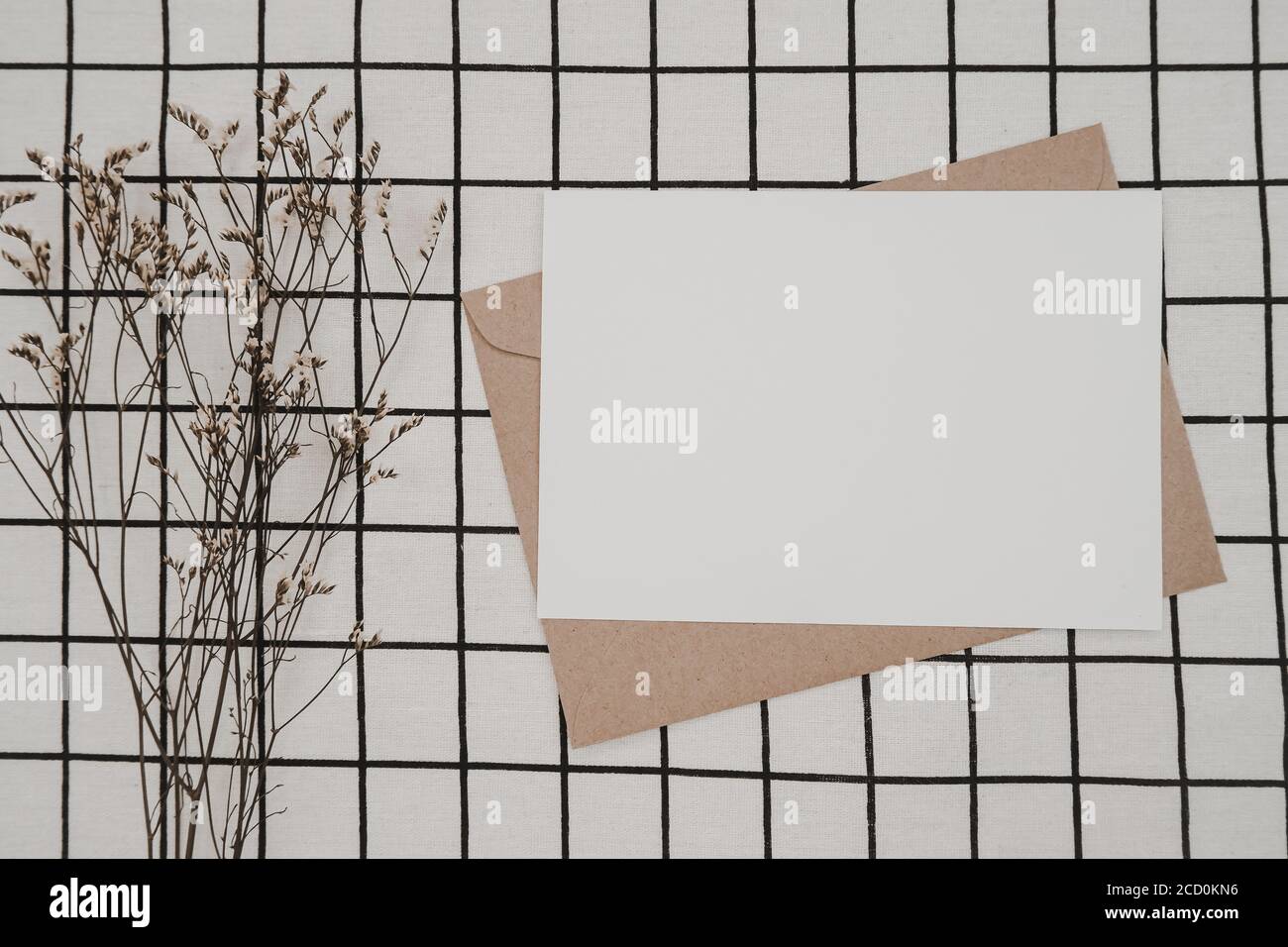Blank white paper on brown paper envelope with Limonium dry flower and Carton box on White cloth with Black grid pattern. Mock-up of horizontal blank Stock Photo