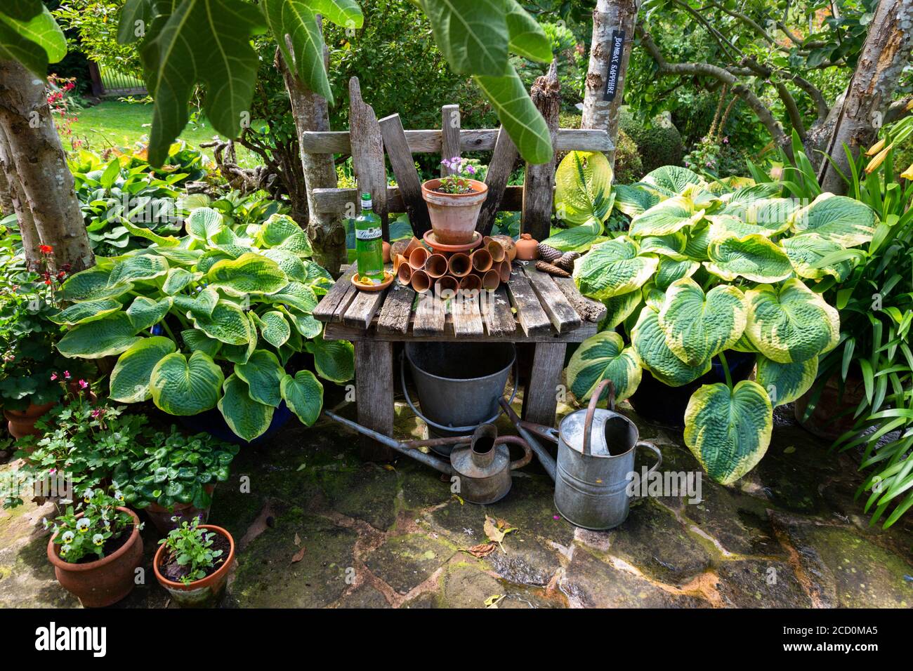 Creative pot display in a garden with plants, as a feature Stock Photo