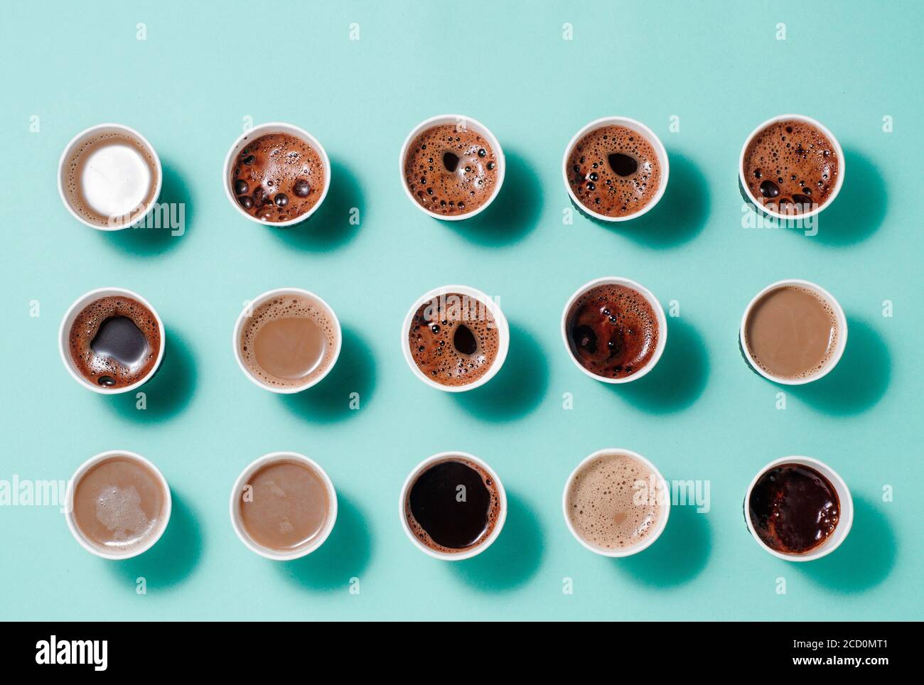 Lots of coffee cups with different types of coffee, cappuccino and