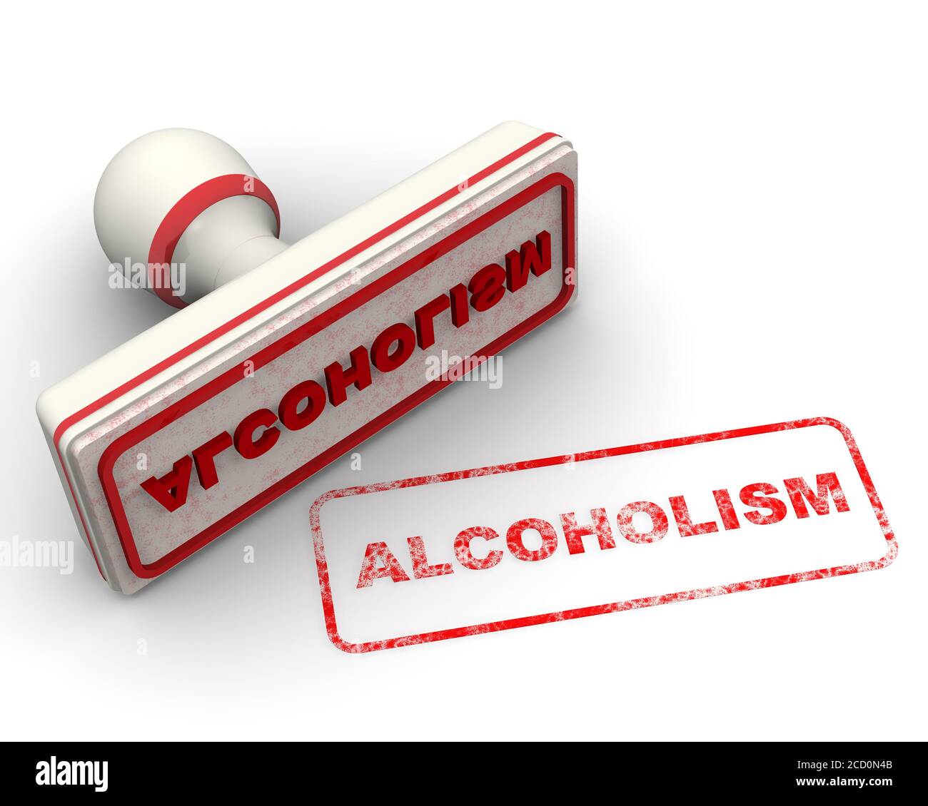 Alcoholism. The stamp and an imprint. White stamp and red imprint ALCOHOLISM on white surface. 3D illustration Stock Photo
