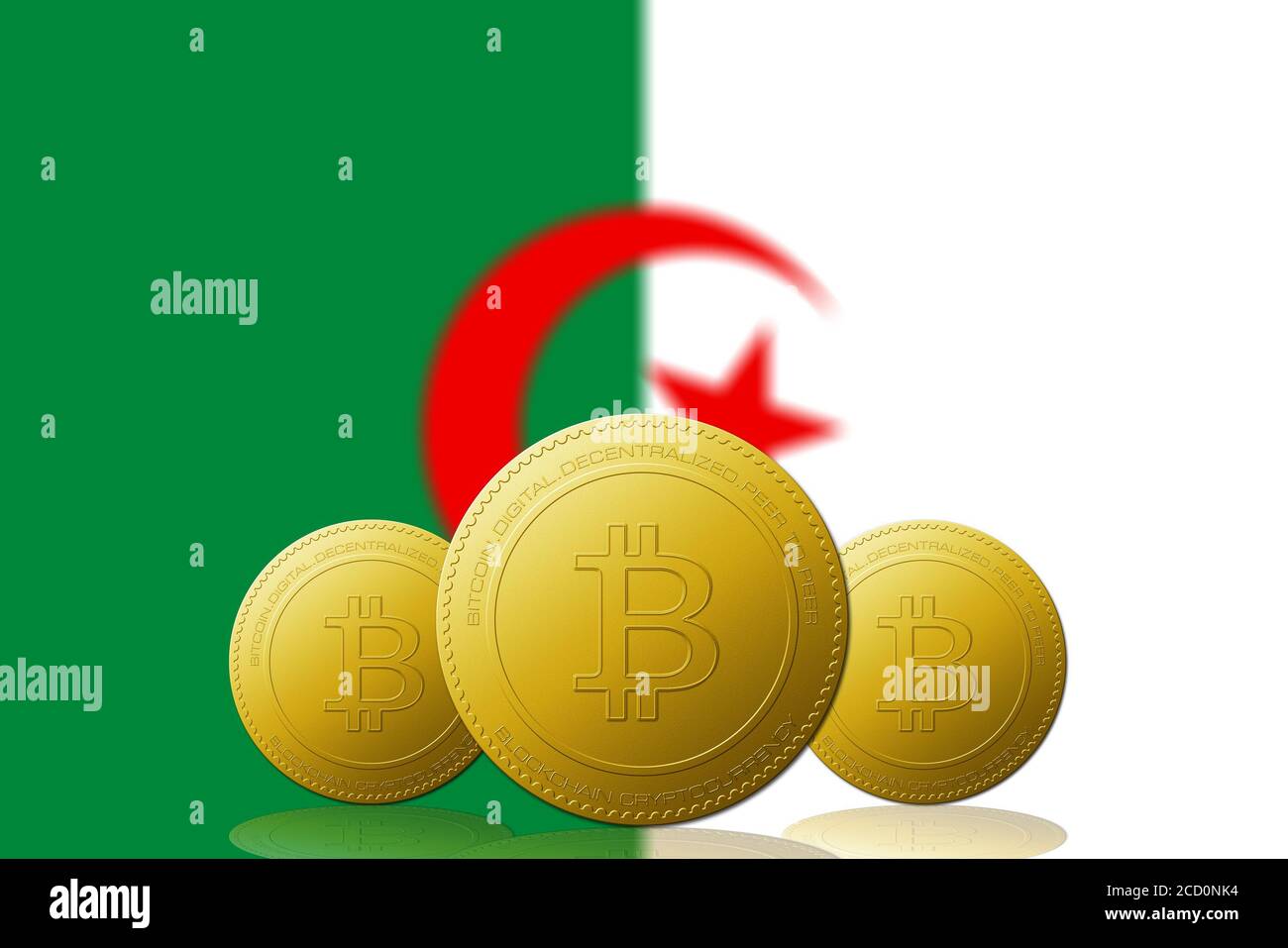 Three Bitcoins cryptocurrency with ALGERIA flag on background. Stock Photo