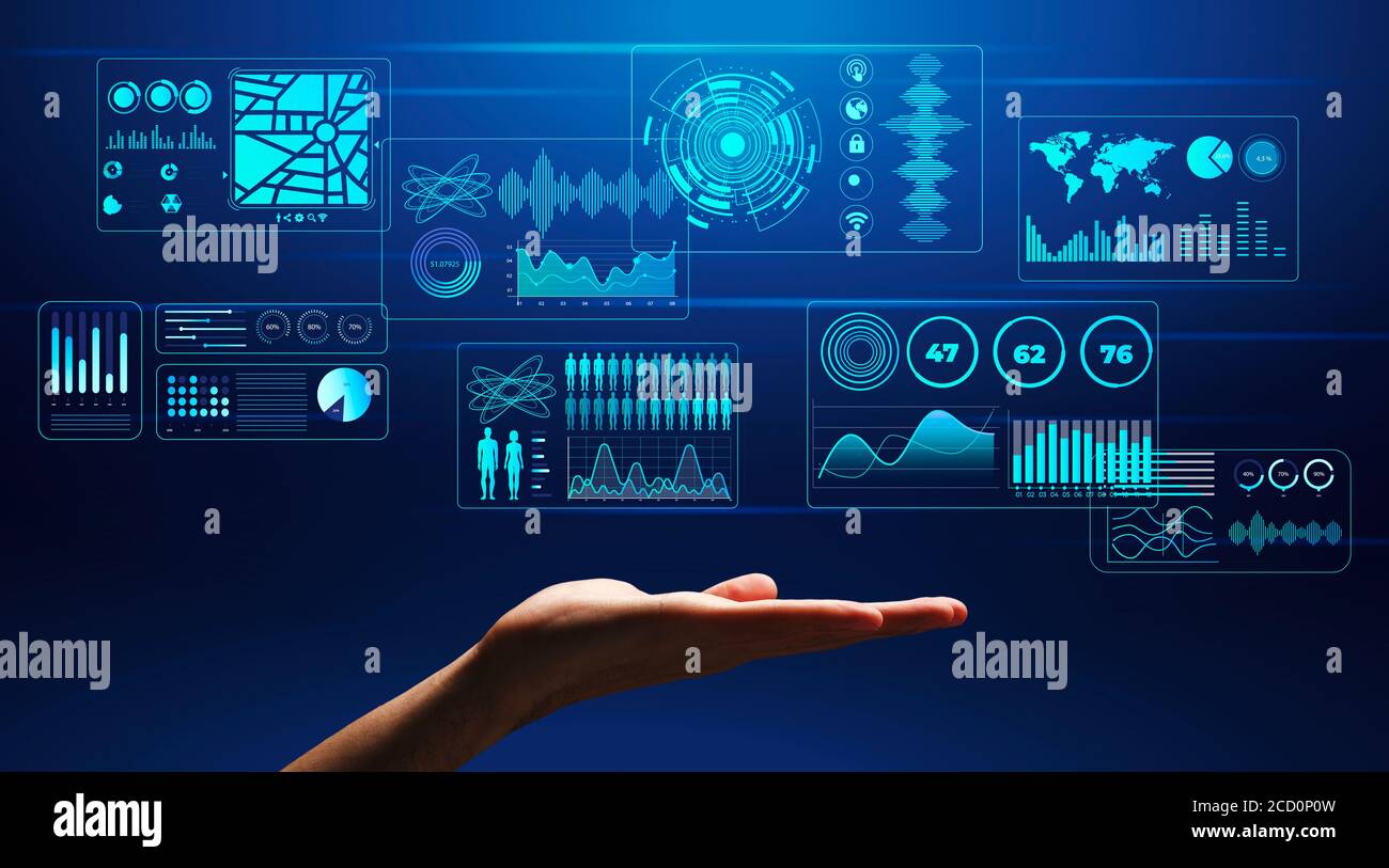 Hand holding business software image over blue Stock Photo