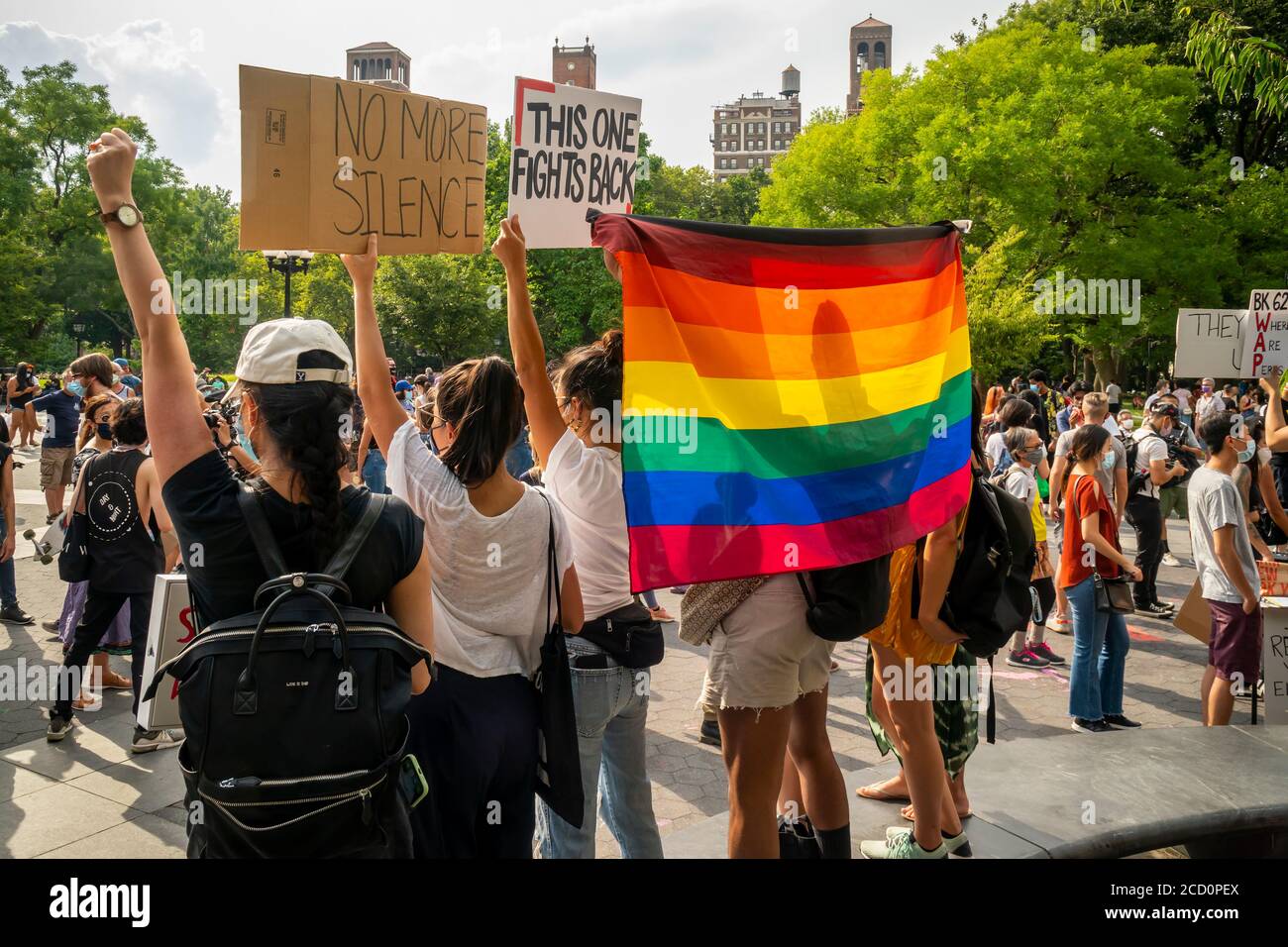 Black Lives Matter demonstrators rally with Asian-Americans, prior to marching, in Washington Square Park in New York protesting the death of George Floyd and discrimination and hate crimes against Asian-Americans, seen on Saturday, August 15, 2020. (© Richard B. Levine) Stock Photo