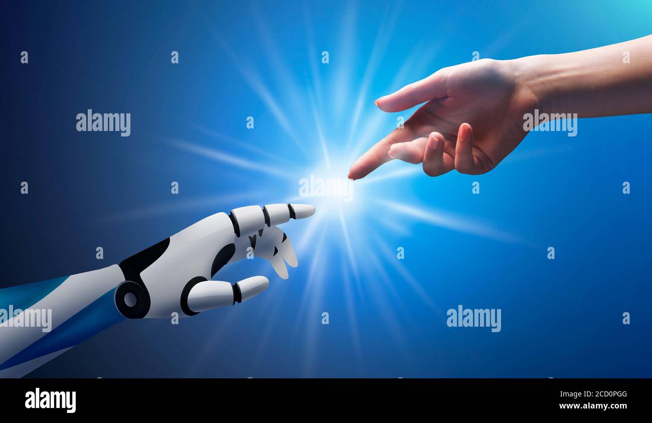 AI and people. Human and robotic hand reaching each other over blue ...