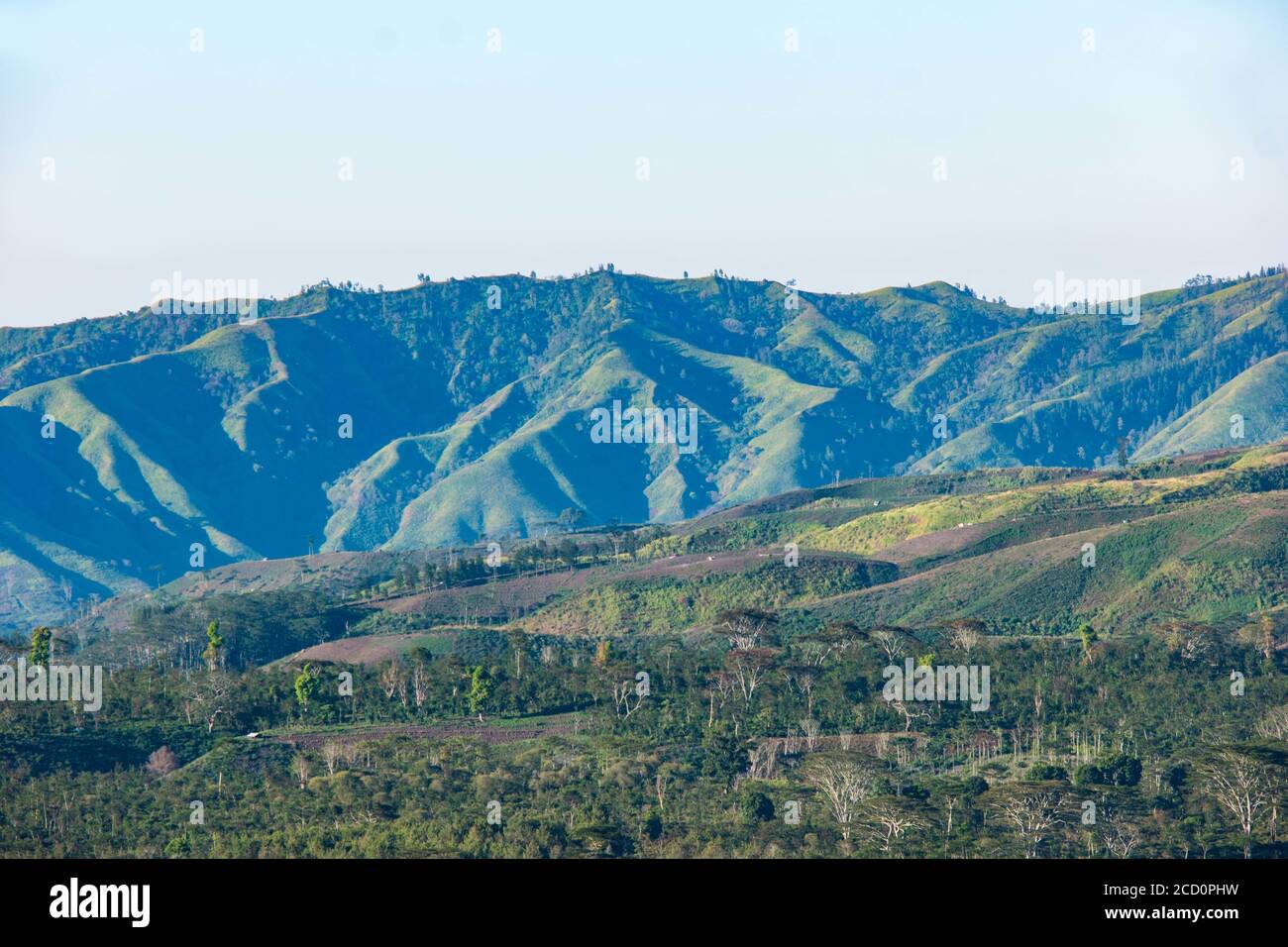 Sloping Ridges View of mountain ridges and sloping hills with trees under a clear blue ...