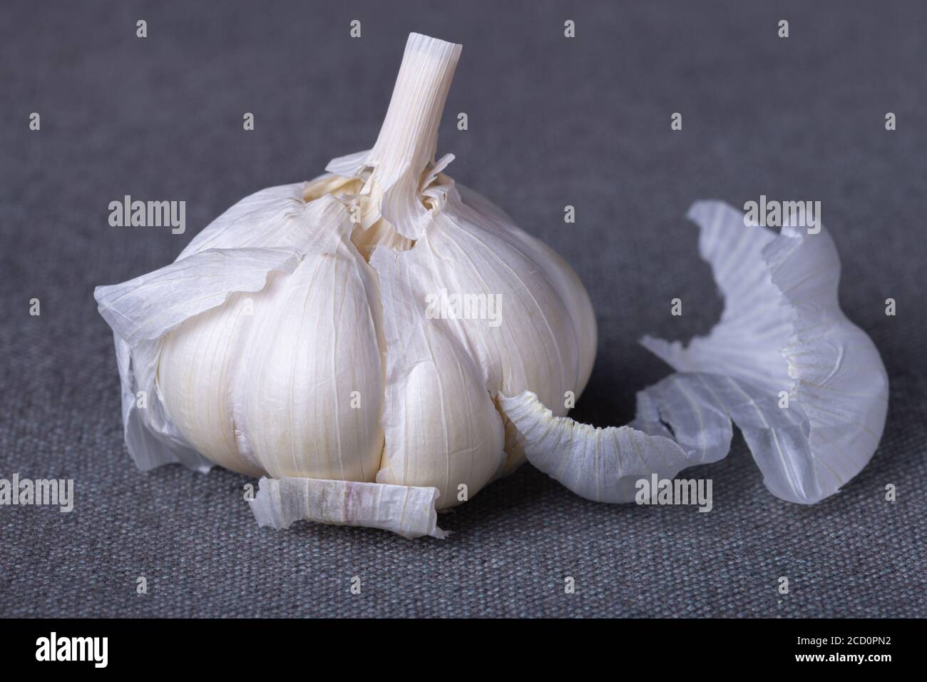 Organic garlic bulb on grey textured material Stock Photo - Alamy