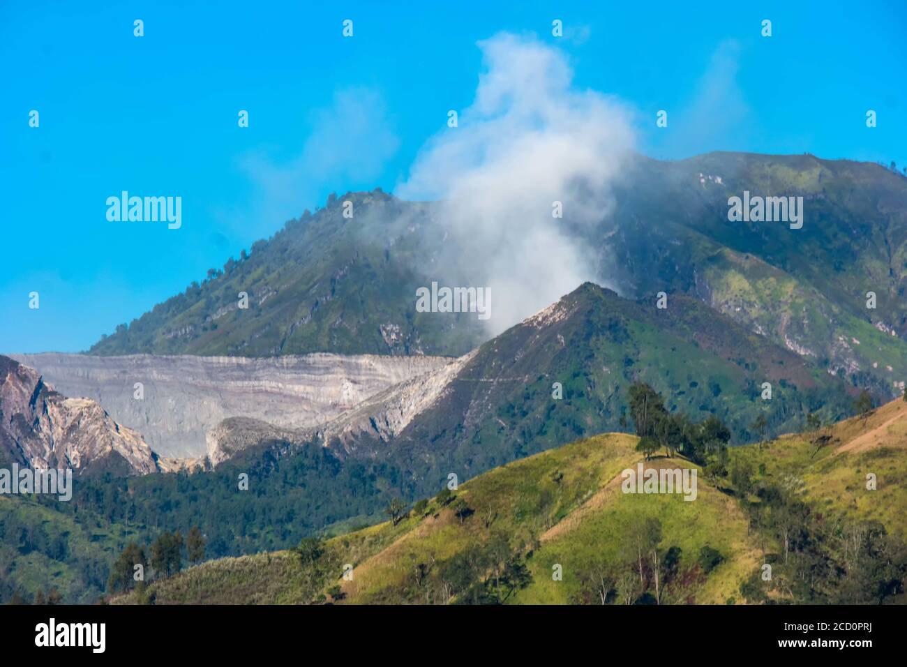 Sloping Ridges View of mountain ridges and sloping hills with trees under a clear blue ...
