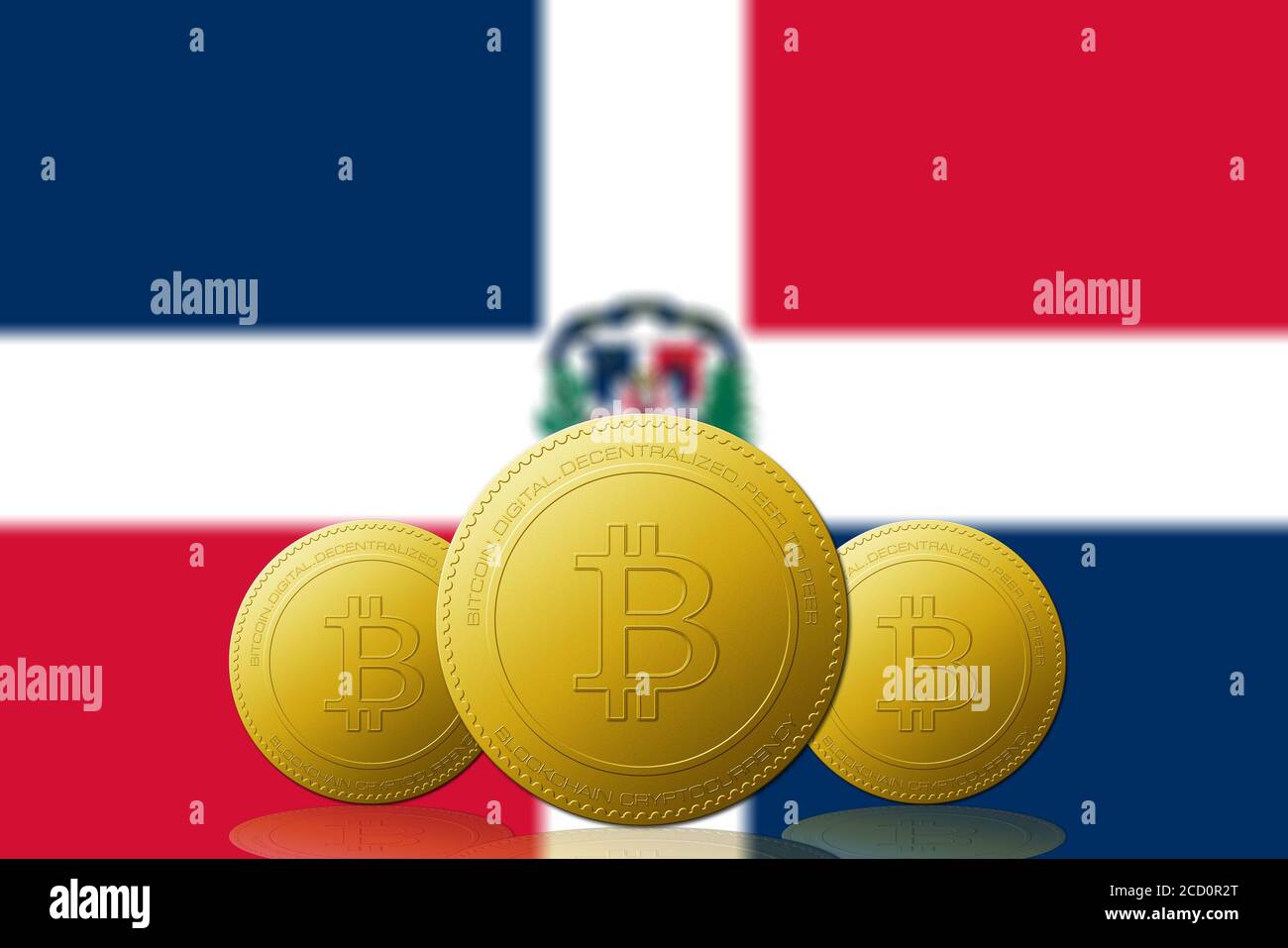 Three Bitcoins cryptocurrency with Dominican Republic flag on