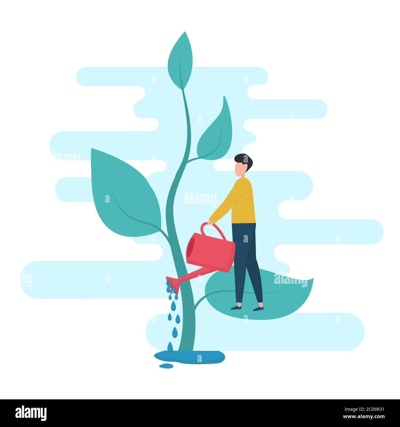 Man Watering Plant Cultivating Tree Over White Background, Vector, Square Stock Vector