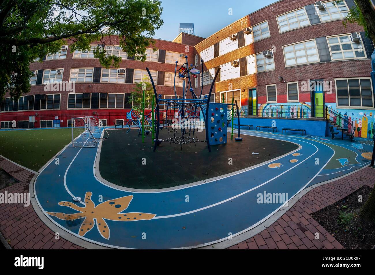The closed playground of PS33 in the Chelsea neighborhood of New York on Wednesday, August 19, 2020. The UFT and a number of school principals are calling for New York not to reopen schools under the existing plan outlined by the mayor and schools chancellor. The teachers’ union has threatened to strike if the safety criteria they have proposed is not adopted. (© Richard B. Levine) Stock Photo