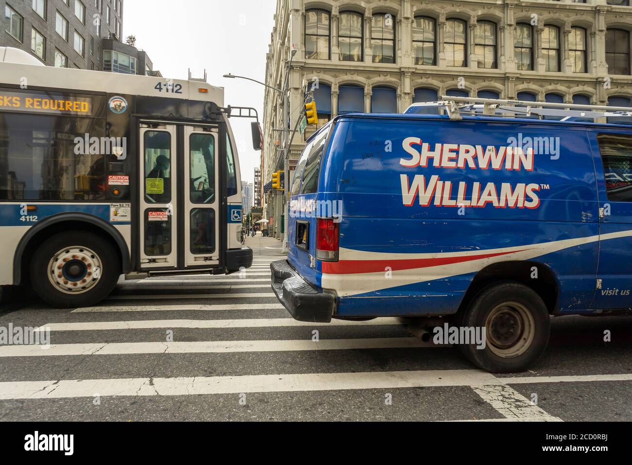 A Sherwin-Williams truck parked in Chelsea in New York on Tuesday, August 11, 2020. The paint company Sherwin Williams Co. recently reported second-quarter results that beat analysts’ expectations despite the effects of the covid-19 pandemic. (© Richard B. Levine) Stock Photo