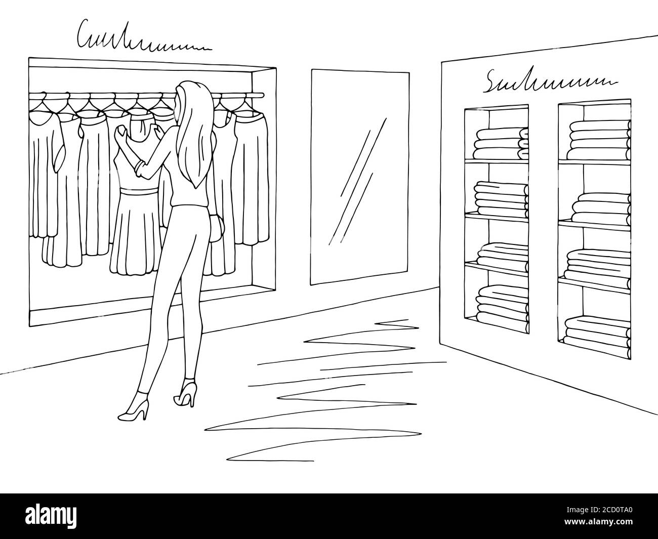 Shop interior graphic black white sketch illustration vector. Woman choosing a dress Stock Vector