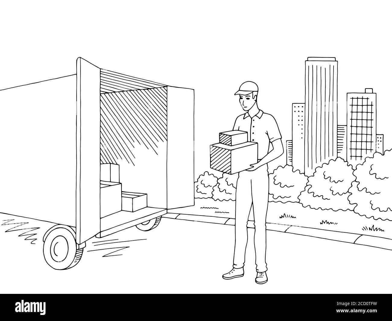 Delivery man holding a box. Street road graphic black white city landscape sketch illustration vector Stock Vector