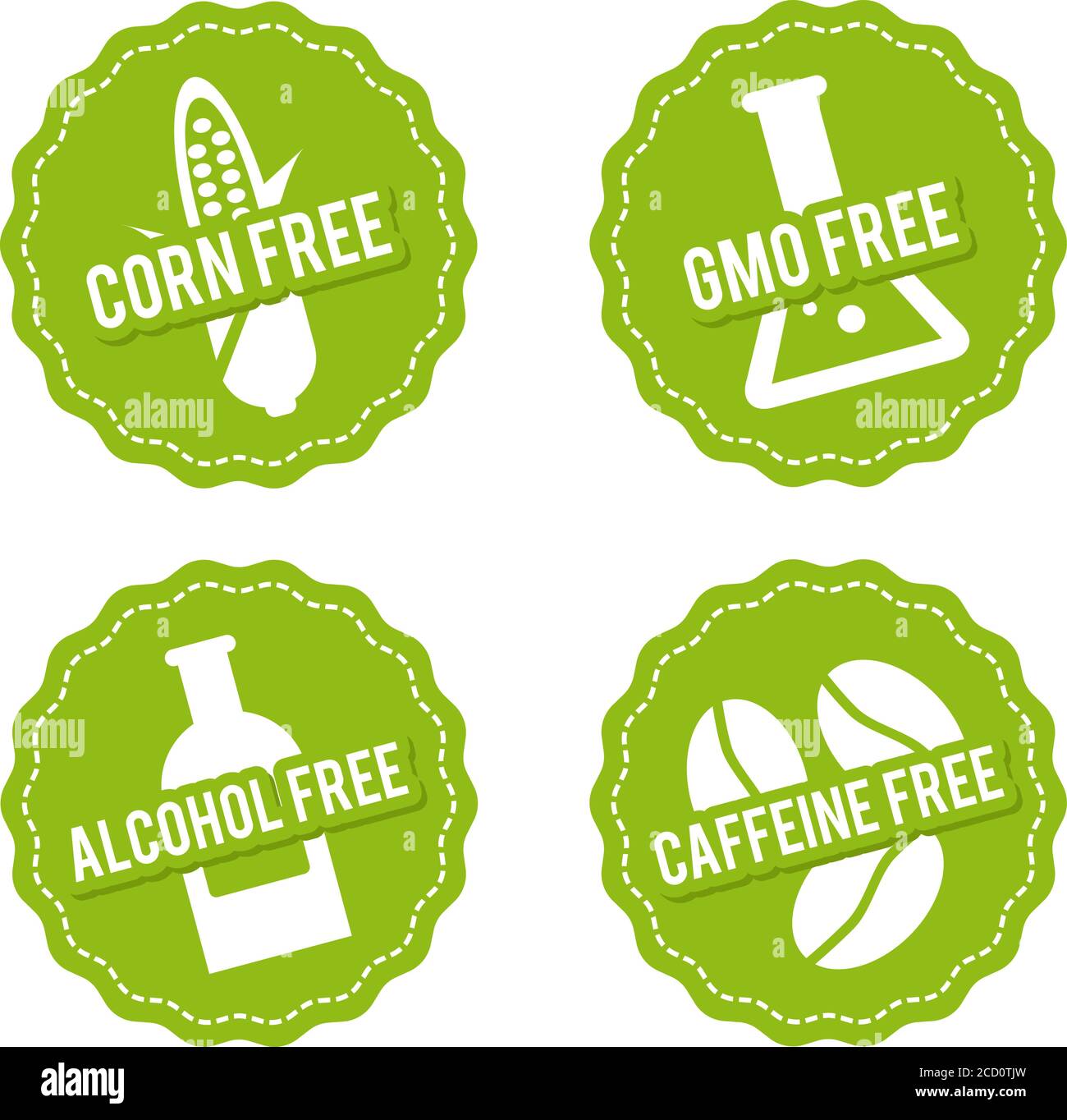 Set of Allergen free Badges. Corn free, GMO free, Alcohol free, Caffeine free. Vector hand drawn Signs. Can be used for packaging Design. Stock Vector
