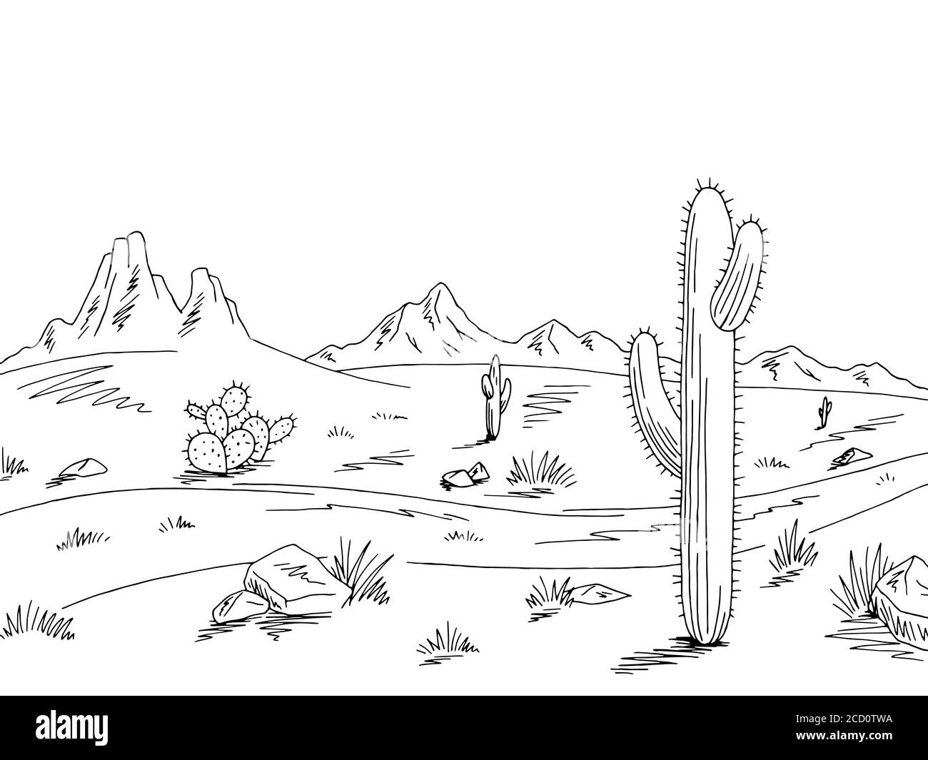Prairie road graphic black white desert landscape sketch illustration vector Stock Vector