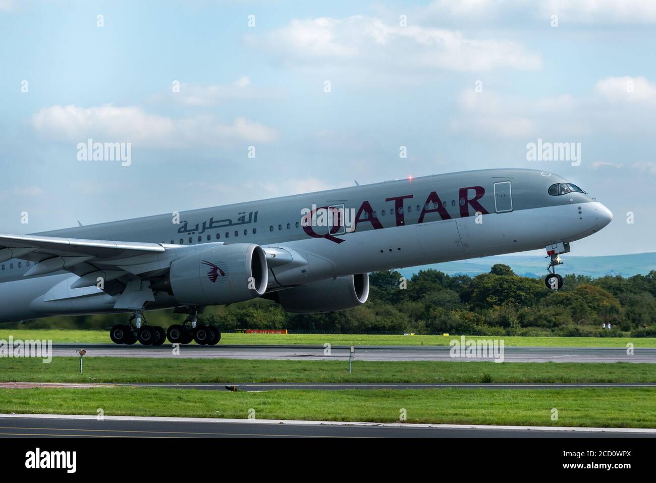 Manchester Uk August 24 Qatar Airlines Airbus A350 941 Flight Qr28 To Doha Qatar Is Documented Taking Off From Runway 23r Stock Photo Alamy